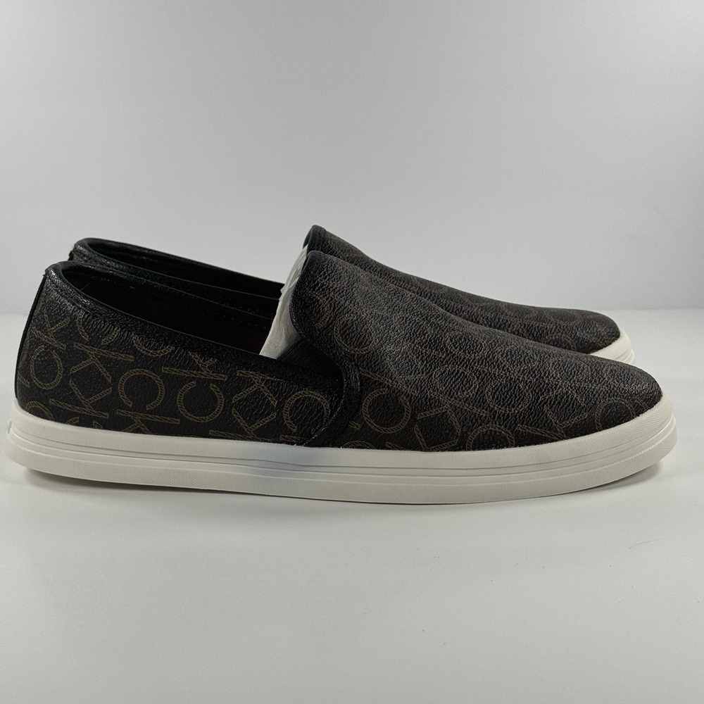Calvin Klein KC‎ Marren Slip On Flat Shoe Logo Brown Monogram Logo Women's 9.5M